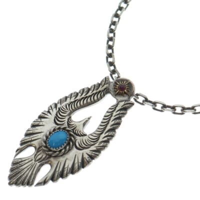 T-72/Pa-16 K18 太陽神付き カラーストーン ターコイズ イーグル ペンダントトップ 唐草 Tバーネックレスチェーン シルバー/ゴールド Bランク