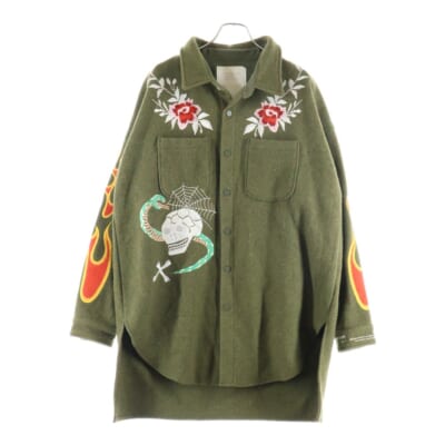 17AW OVERSIZE SHIRT オーバーサイズシャツ デザイン刺繍 シャツジャケット カーキ Bランク