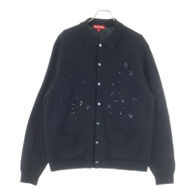 23SS Beaded Applique Cardigan ビジュー装飾 ニットカーディガン ブラック Bランク
