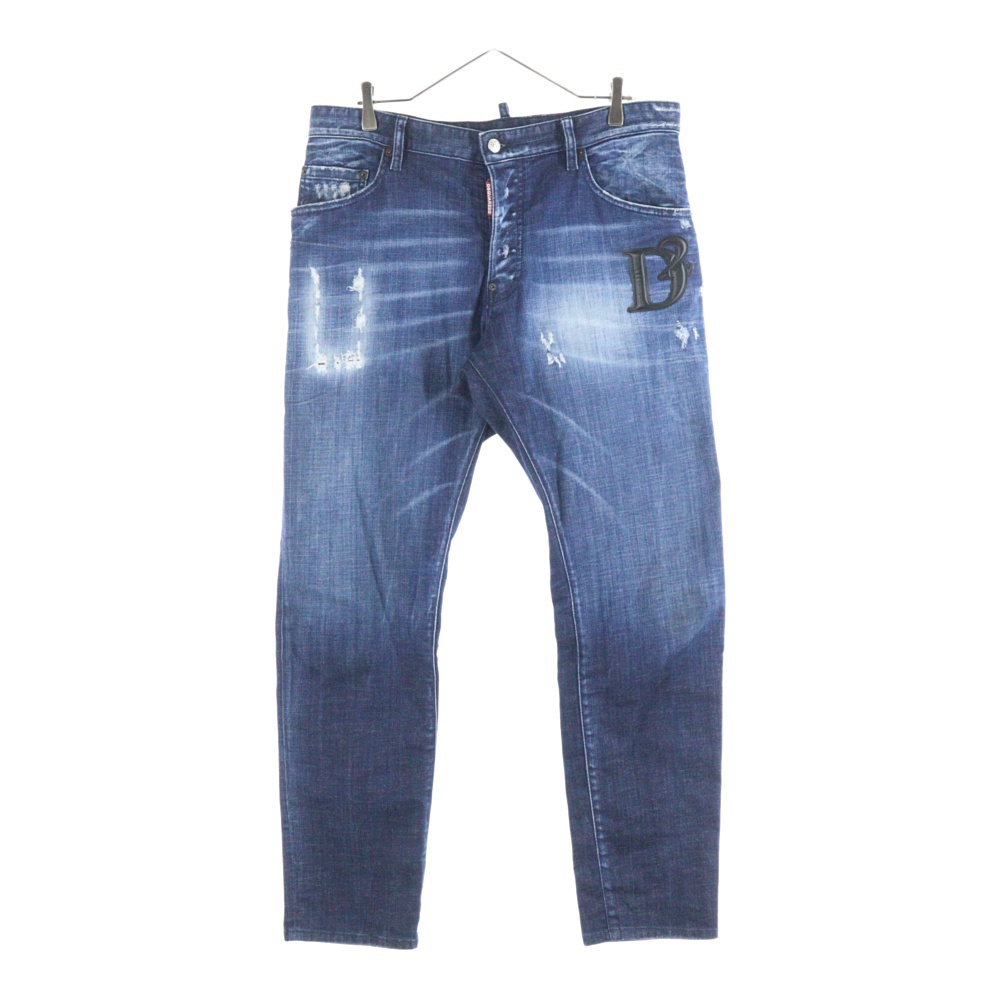 D2レザーパッチ スキニージーンズ デニムパンツ インディゴ S74LB1721 D30010 Aランク