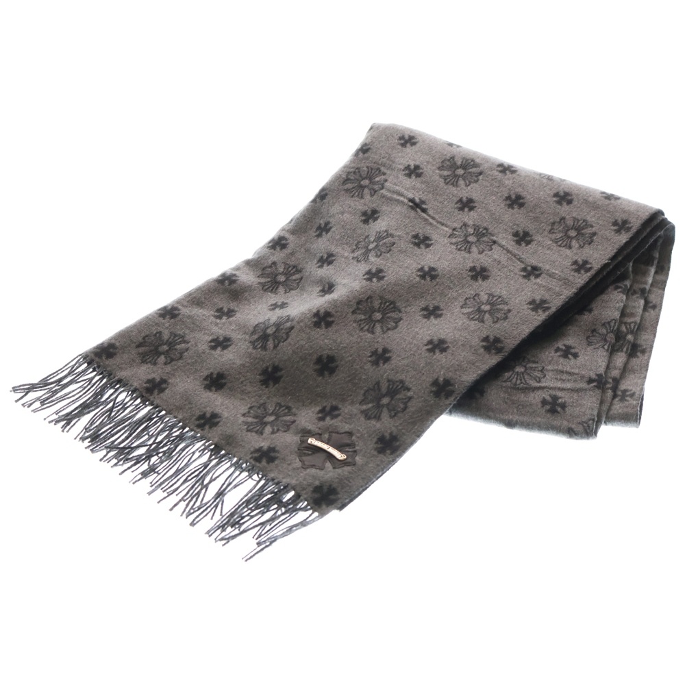 大判ストール 総柄 スクロールラベル シルク レザーパッチ ブラック Aランク