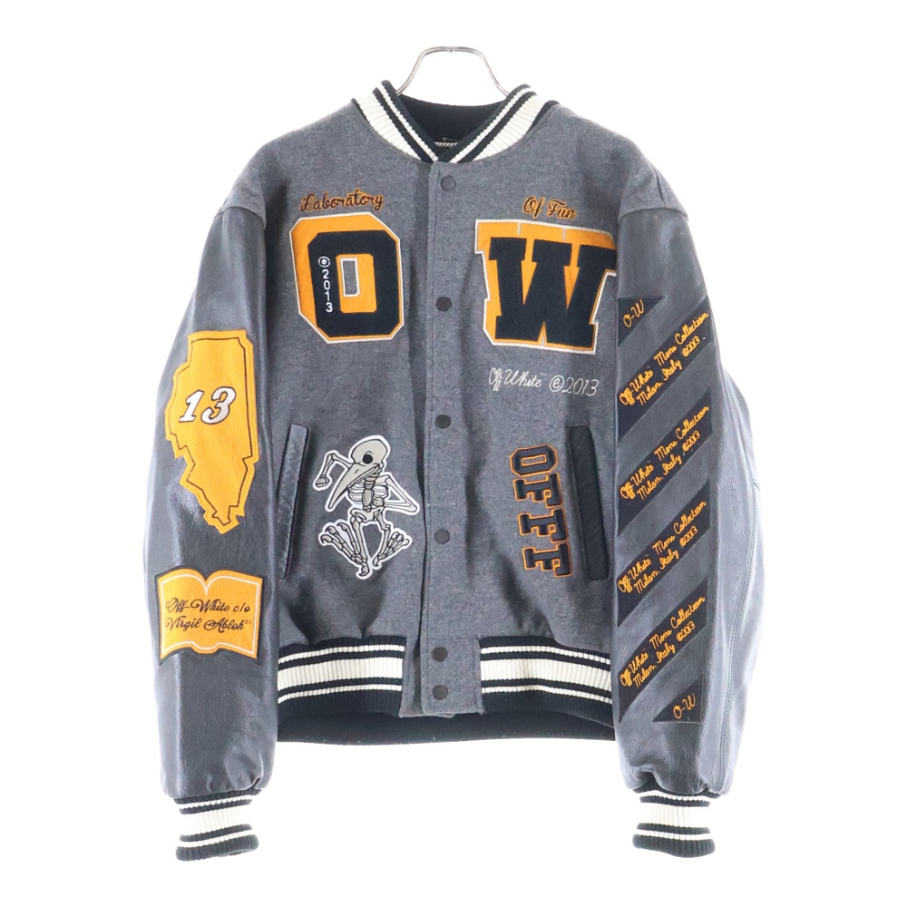 21AW Leather Varsity Jacket OMJA059F21LEA001 ロゴワッペン 袖レザー切り替え バーシティジャケット スタジャン ブルゾン ブラック Bランク