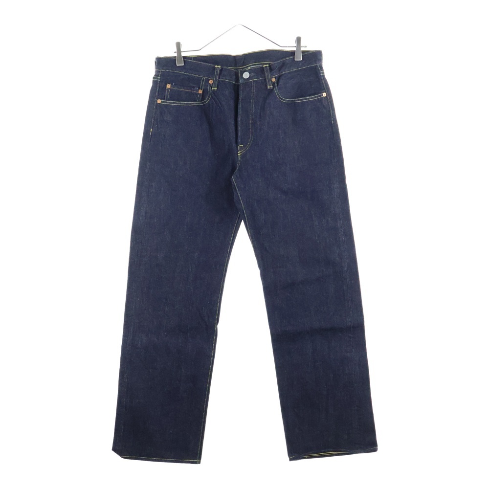 赤耳 レザーパッチ付き ボタンフライ ストレート デニムパンツ インディゴ Aランク