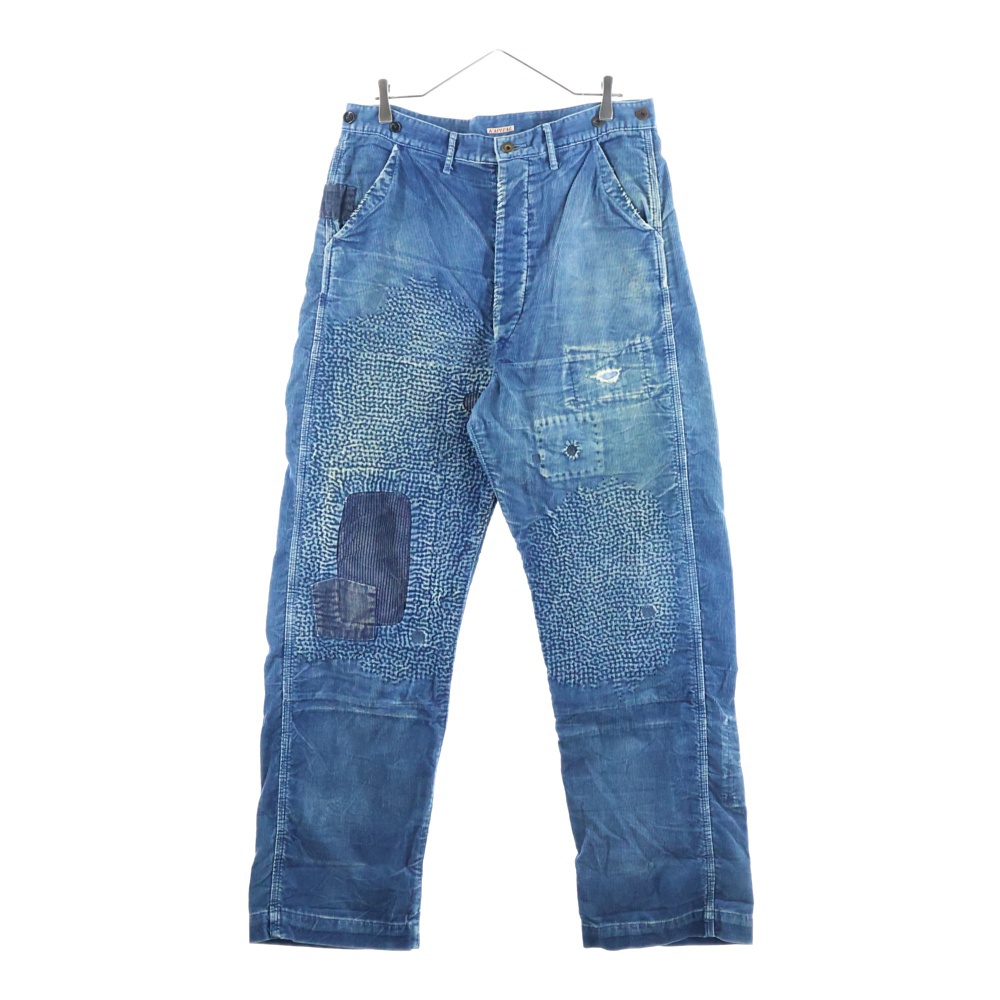 BORO ダメージ加工 刺繍子 膝当て コーデュロイパンツ インディゴ Bランク