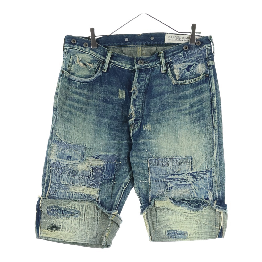 BORO 襤褸 刺し子 パッチワーク ロールアップ デニムショーツ ハーフパンツ インディゴ Bランク