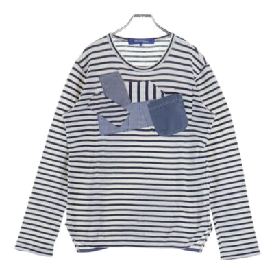 フロントポケット付 ボーダー コットン長袖Tシャツ ホワイト/パープル WL-T016 Bランク