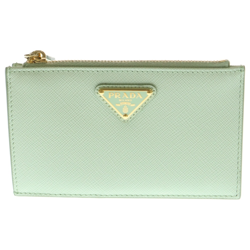 SAFFIANO サフィアーノ トライアングルロゴ リップスプリント レザー フラグメントケース カード 小物入れ ライトグリーン 1MC086 Aランク