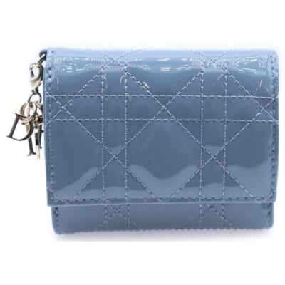 レディディオール ロータス 三つ折り財布 ブルー パテントレザー カナージュ Aランク