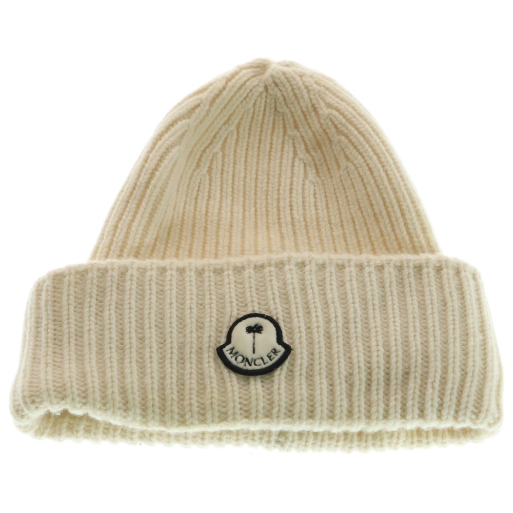 22AW ×PALM ANGELS パームエンジェルス ワッペンロゴ ウール ニットキャップ 帽子 ビーニー ホワイト H209L3B00007 M1241 Bランク