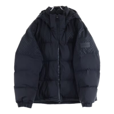 25SS モノグラムジャガード 切り替え ラバーワッペンロゴ ナイロン フーデッド ジップアップ ダウンジャケット ブラック RM251MQ FUO HSB45E Aランク