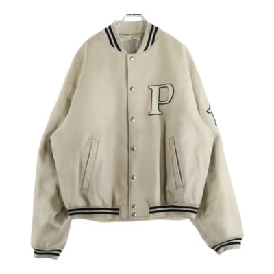 24AW ワッペンロゴ ヴィンテージ加工 レザー ボンバージャケット スナップボタン スタジャン ブルゾン アイボリー/ベージュ UPW518 Aランク