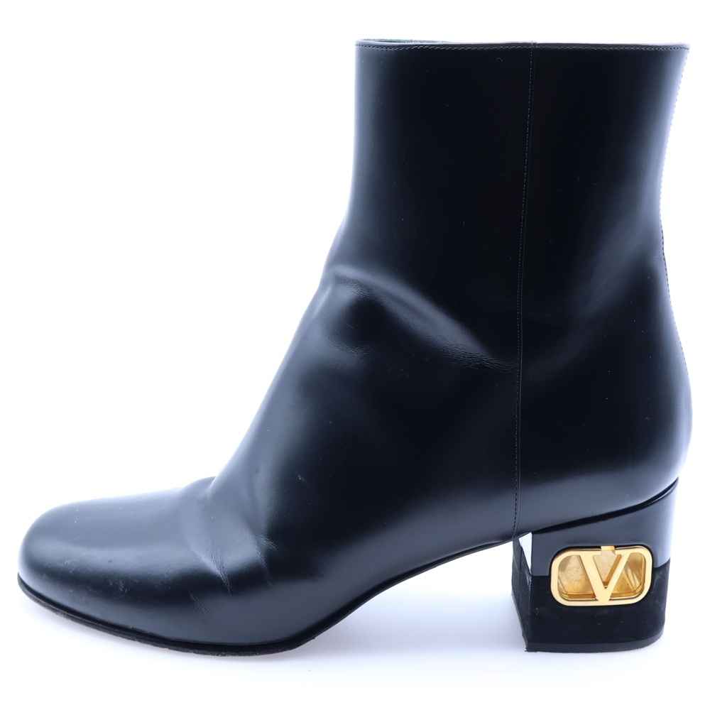 Vロゴヒール レザー サイドジップ アンクル ショートブーツ シューズ ブラック レディース Bランク