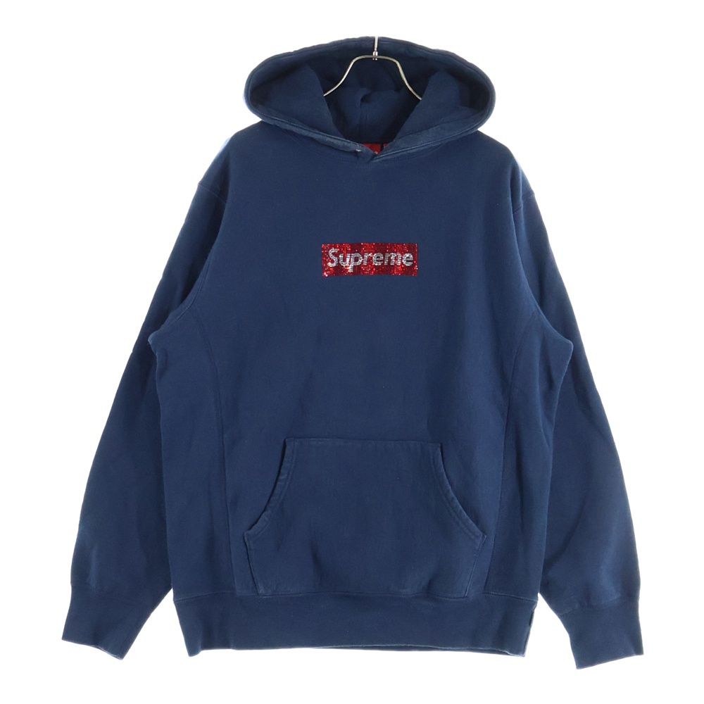 19SS Swarovski Box Logo Hooded Sweatshirt スワロフスキーボックスロゴ プルオーバースウェットパーカー フーディー ネイビー Bランク