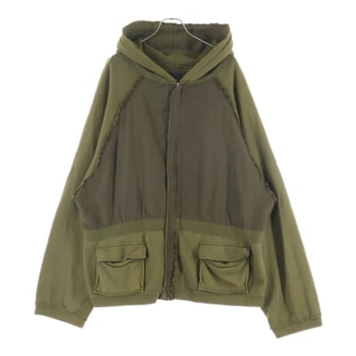 16AW 切替リメイクオーバーサイズスウェットジップアップパーカー カーキ Bランク