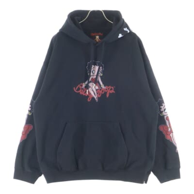 25AW WORLD×BETTY BOOP ワールド ベティブープ ボクシーフィットスウェットプルオーバーパーカー MW25C15-SW201 ブラック/レッド Sランク