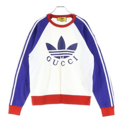23SS×adidas アディダスコラボ ロゴプリント3ストライプクルーネックスウェットトレーナー 722951 XJE1K ホワイト/ブルー/レッド Bランク