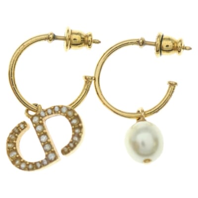 ロゴ ラインストーン フェイクパール ピアス ゴールド GP レディース アクセサリー Bランク