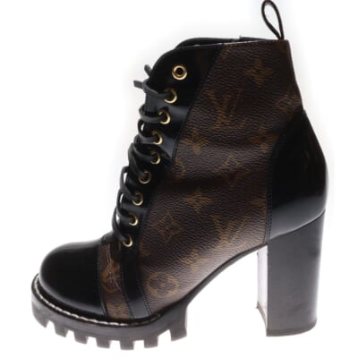 スタートレイル ライン モノグラム PVC レザー レースアップ サイドジップ ヒール アンクル ショートブーツ シューズ ブラウン/ブラック レディース 1A2Y7V Bランク