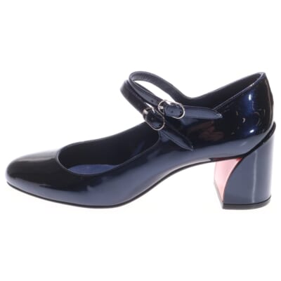 メリージェーン ストラップ付 フェイクレザー ヒール パテントシューズ パンプス レディース ブルー Sランク