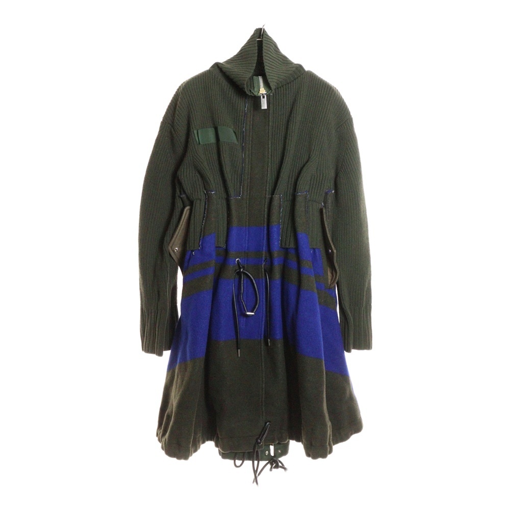 19AW ニット切り替え マルチポケット ラインデザイン ドローストリング ジップアップ ロングコート カーキ 19-04684 Bランク