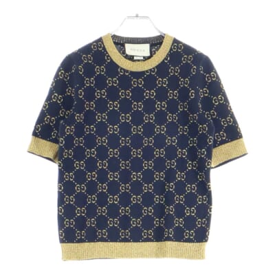 18AW GGコットンラメ ファブリック トップス 半袖クルーネックシャツ ゴールド/ネイビー レディース 526759 X9W83 4921 Bランク