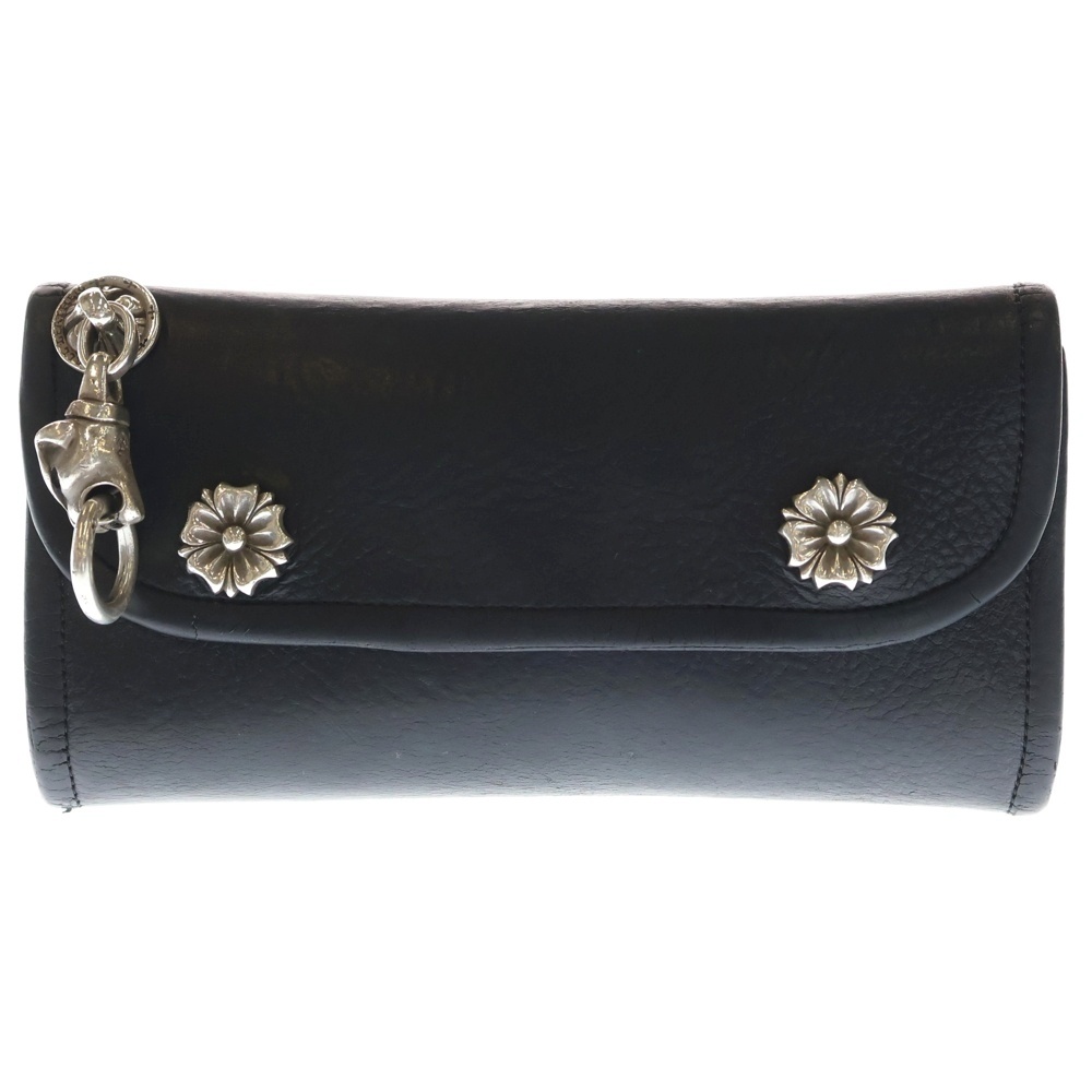 パンサーウォレットリング付 フラワーボタン レザーロングウォレット 長財布 ブラック Bランク