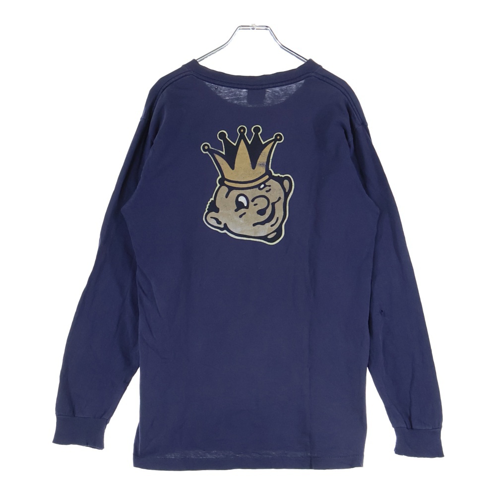 80S VINTAGE 黒タグ クラウン 両面プリント 長袖Tシャツ カットソー ネイビー Bランク