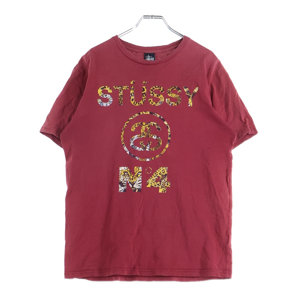 フロントレオパードロゴプリント 半袖Tシャツ カットソー レッド Bランク