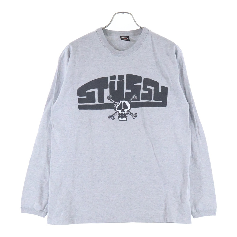 SKULL LOGO L/S TEE スカル フロントロゴプリントTシャツ メキシコ製 長袖クルーネックカットソー グレー Bランク