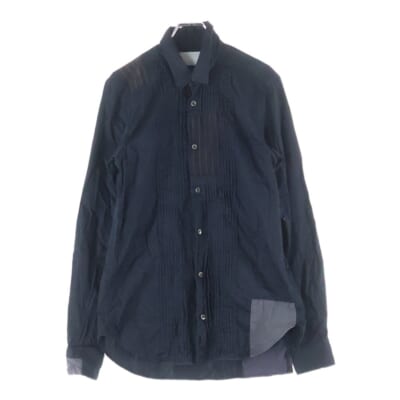 フロントプリーツ レギュラーカラー ロングスリーブ パッチワーク 長袖シャツ ブラック Bランク