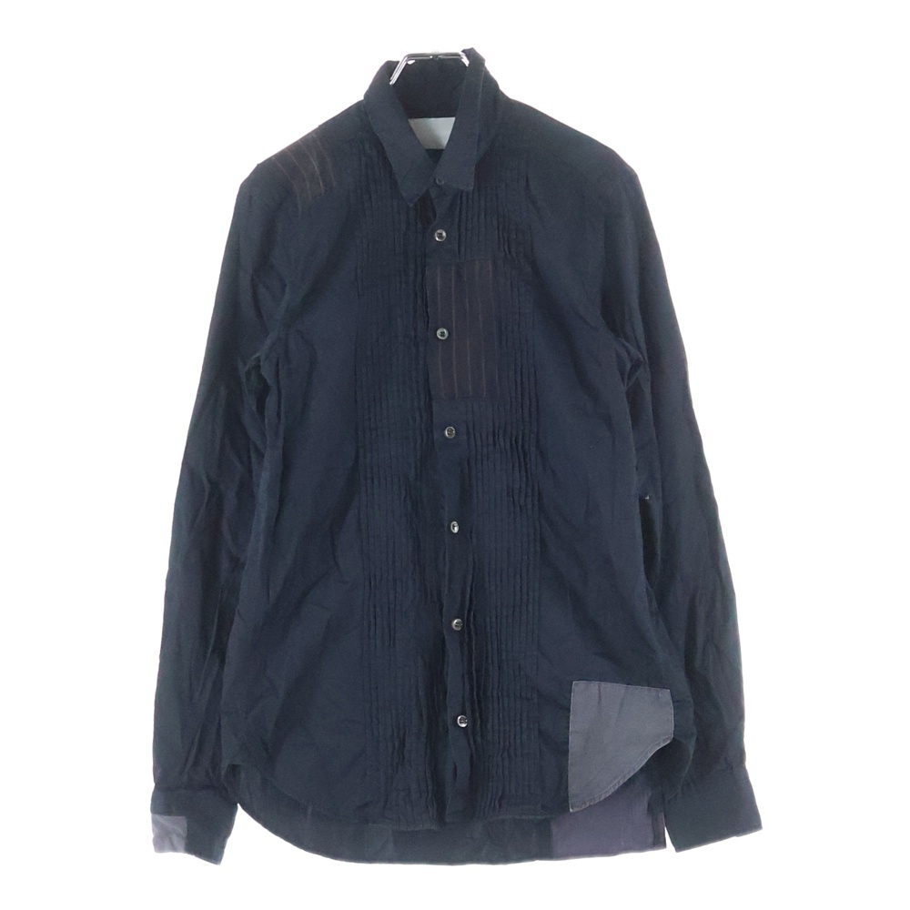 フロントプリーツ レギュラーカラー ロングスリーブ パッチワーク 長袖シャツ ブラック Bランク