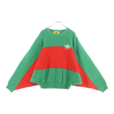 ×adidas アディダス ロゴ刺繍2トーンクルーネックニットセーター グリーン/レッド 696291 XKCH7 Aランク