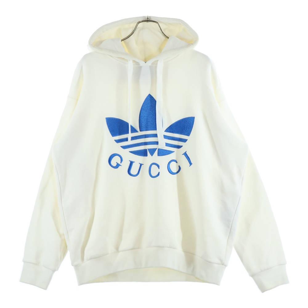 ×adidas アディダス トレフォイル ロゴ刺繍 スウェット プルオーバーパーカー ホワイト 702607 XJEDA Bランク