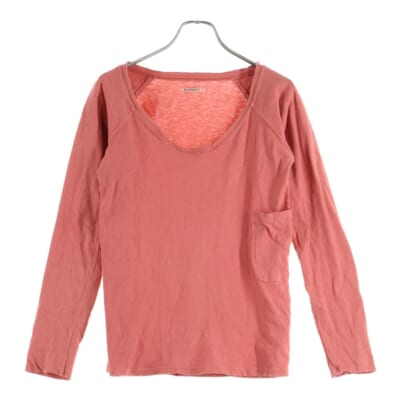 サイドポケット付 長袖ボートネックコットンカットソー トップス レッド Bランク