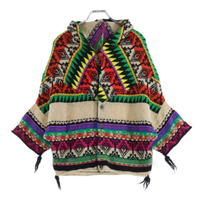 ネイティブ総柄 フード付 ウール混 半袖比翼ボタンニット トップス レディース マルチカラー Bランク