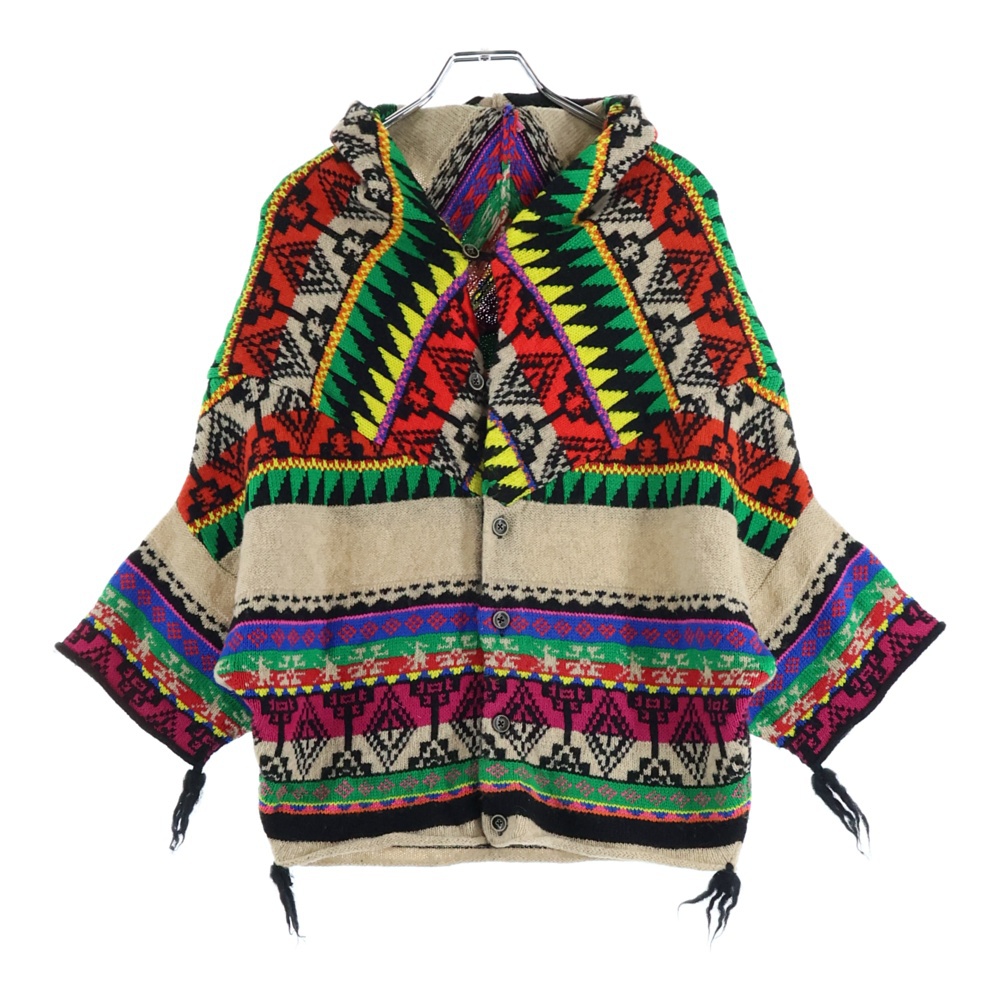 ネイティブ総柄 フード付 ウール混 半袖比翼ボタンニット トップス レディース マルチカラー Bランク