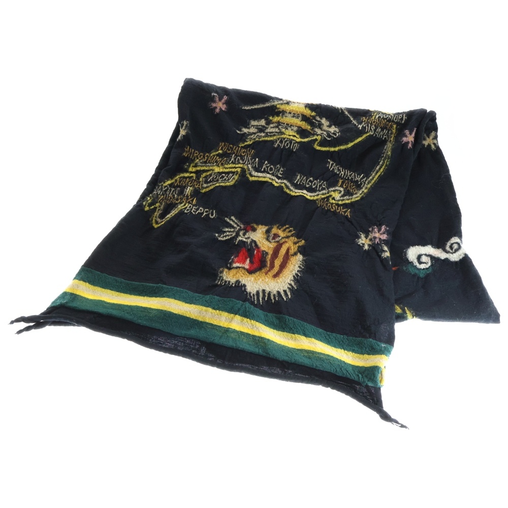 縮絨ウール タイガーモチーフ スーベニアマフラー ストール ブラック Bランク