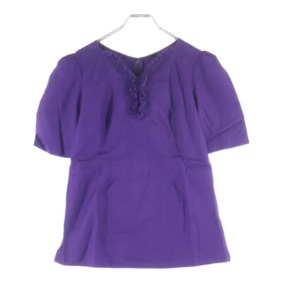 02SS AD2001 フリルネックデザイン コットン 半袖カットソー パープル レディース JE-B027 Bランク