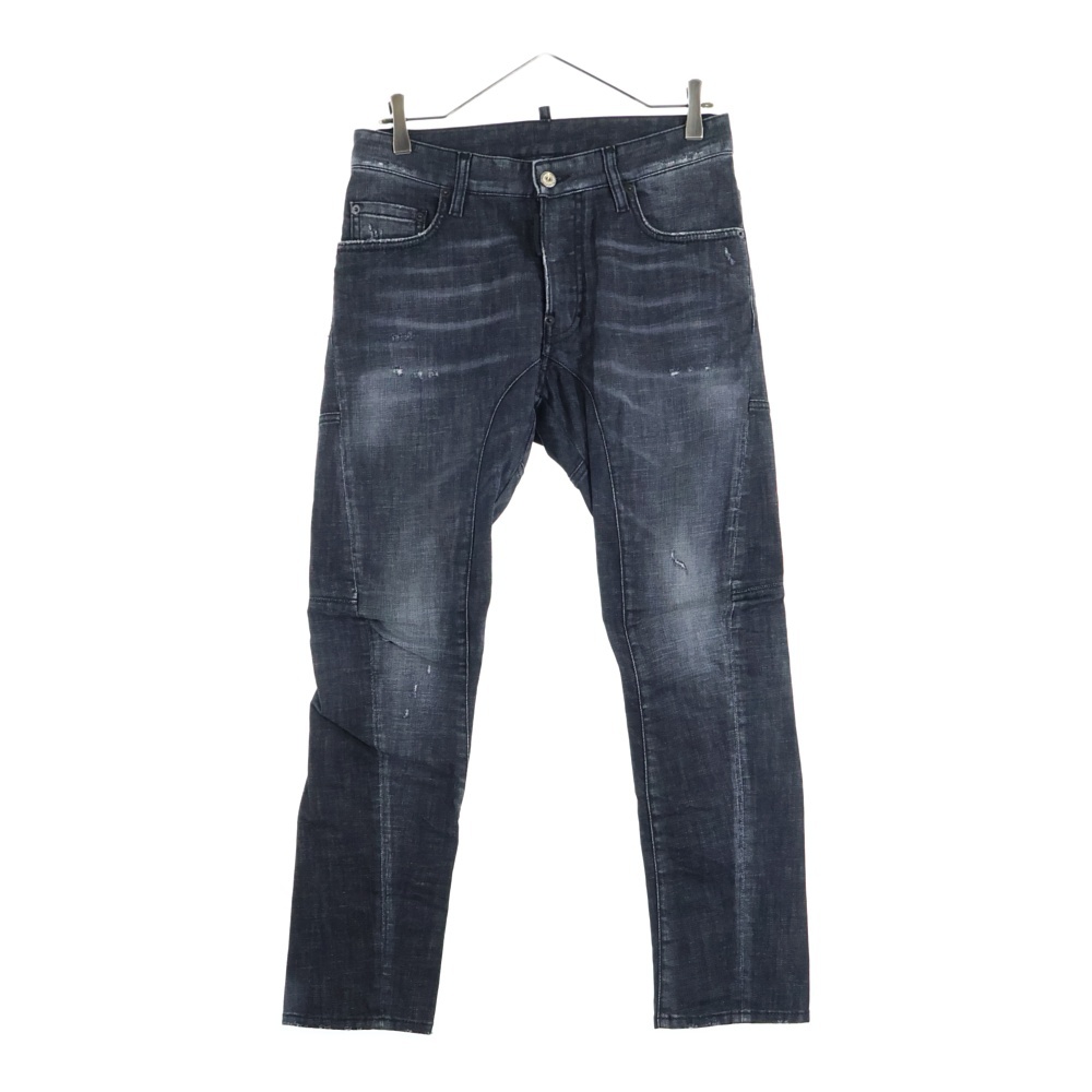 23SS ロゴ パッチ コットン スリム カット ダメージウォッシュ加工 ボタンフライ デニムパンツ ブラック S71LB1140 Bランク