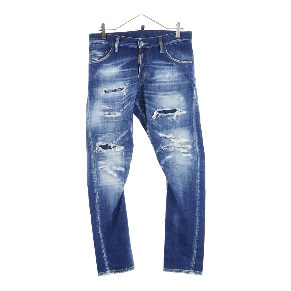 23SS ロゴ パッチ ダメージウォッシュ加工 ボタンフライ デニムパンツ インディゴブルー S74LB1265 Bランク