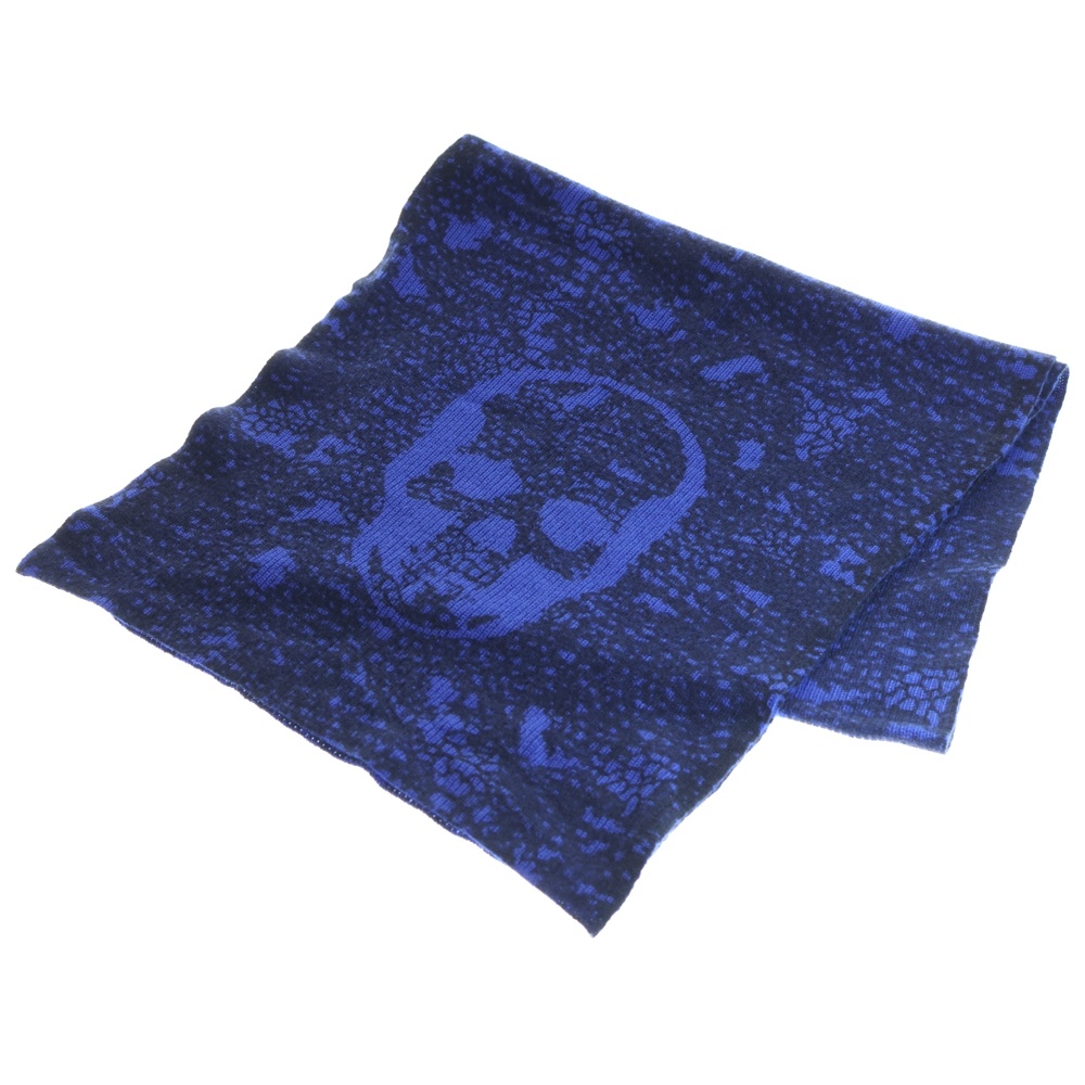カシミヤ 総柄 ニットマフラー ストール ブルー Bランク