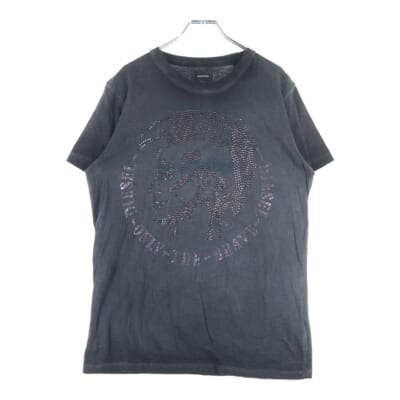 ラインストーン モヒカン ロゴ クルーネック 半袖Tシャツ カットソー グレー Bランク