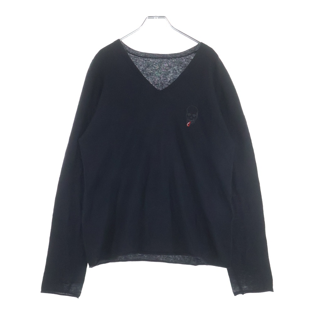 スカル ラインストーン ロゴ Vネック カシミヤ ニット セーター ブラック Bランク