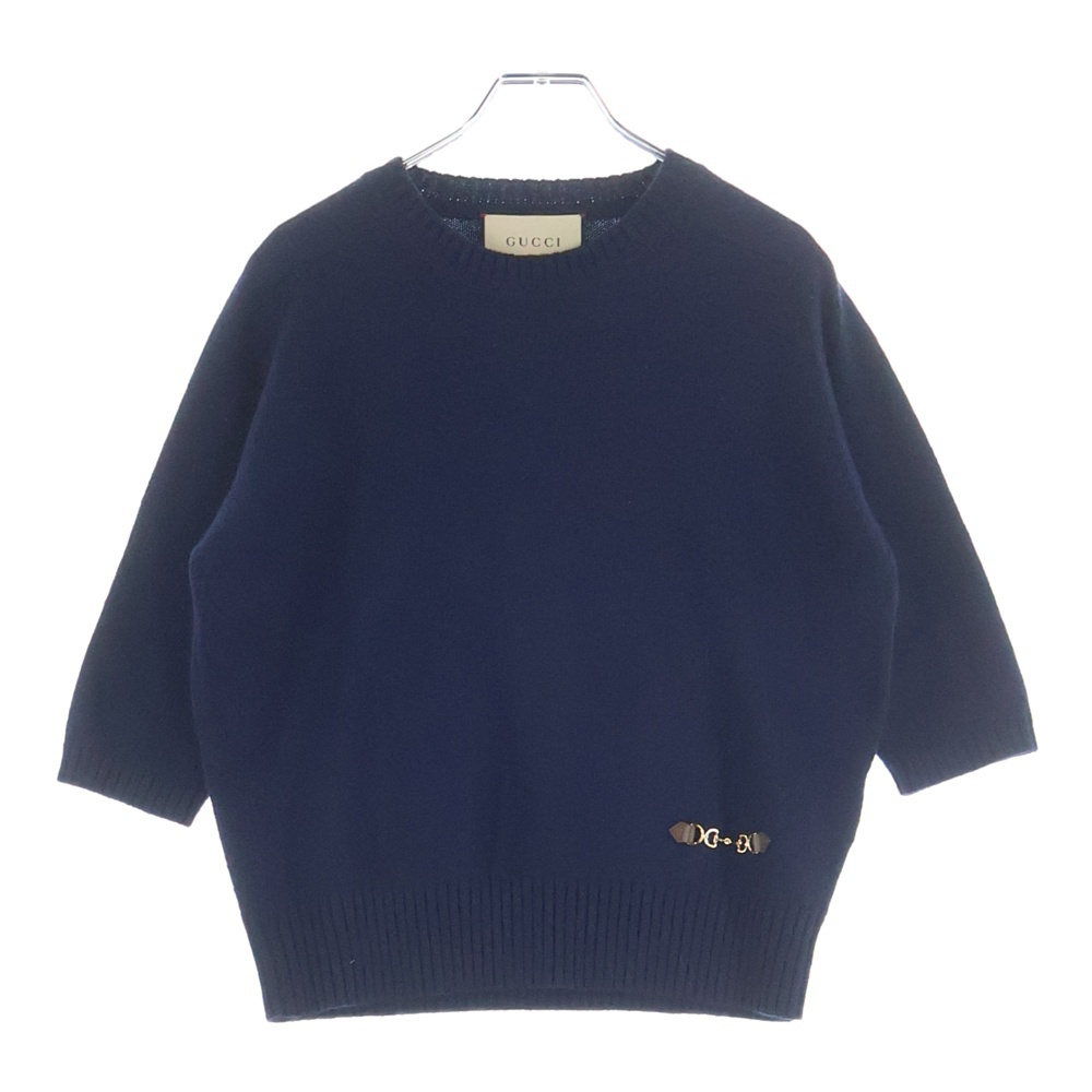 ホースビット装飾 カシミヤ クルーネック プルオーバー ハーフスリーブ ニット セーター ネイビー レディース 628389 Bランク