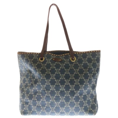 マカダム トリオンフ スタッズ トートバッグ ハンドバッグ インディゴブルー×ブラウン レザー×デニム ゴールド金具 Bランク