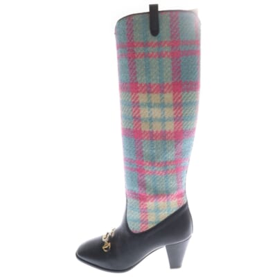 インターロッキングG ホースビット レザー チェック柄ツイード切り替え ヒール サイドジップ ロングブーツ シューズ  レディース 577652 Aランク