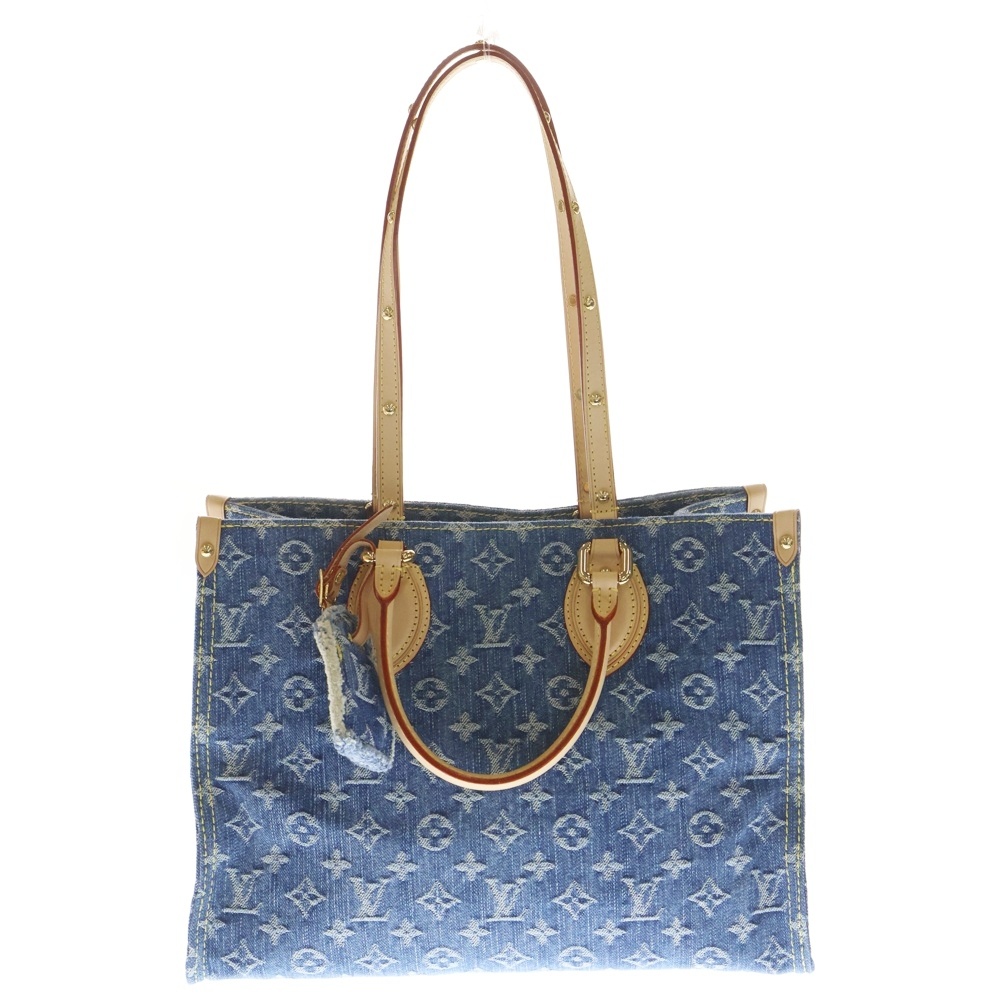 モノグラムデニム オンザゴーMM トートバッグ ハンドバッグ ブラウン×ブルー レザー M46871 ゴールド金具 Aランク