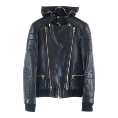 ラムスキン レザー 中綿 フーデッド ダブル ジップアップ バイカー ライダースジャケット ブラック W6HC896D592 Bランク