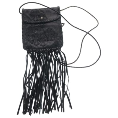 BAG FLAT HIPPIE W FRINGE ヒッピー フリンジ装飾 クロスパッチ付き レザーショルダーバッグ ブラック Bランク