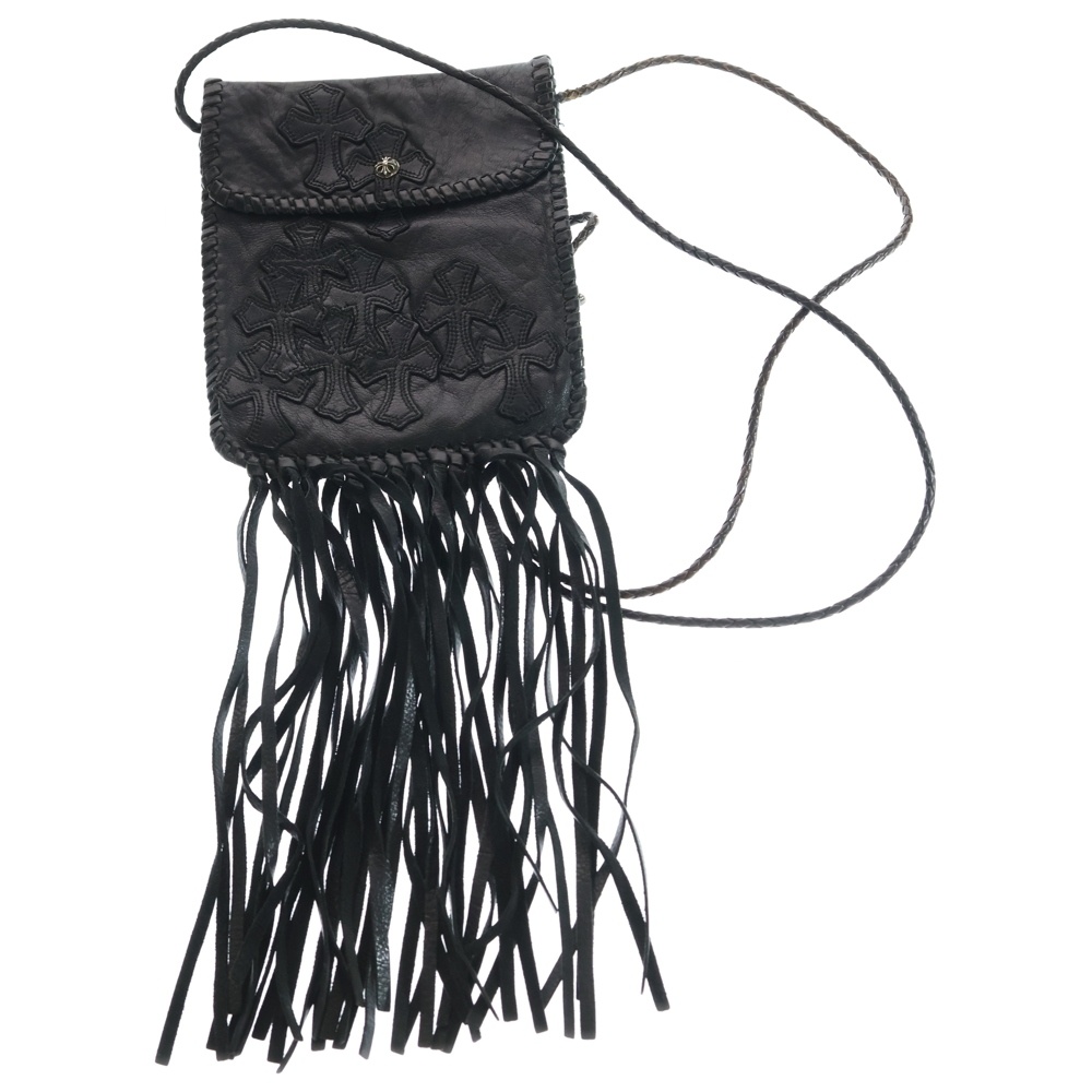 BAG FLAT HIPPIE W FRINGE ヒッピー フリンジ装飾 クロスパッチ付き レザーショルダーバッグ ブラック Bランク